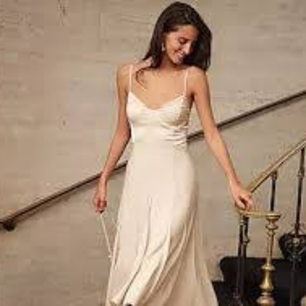 Express satin v-neck back cutout midi slip dress